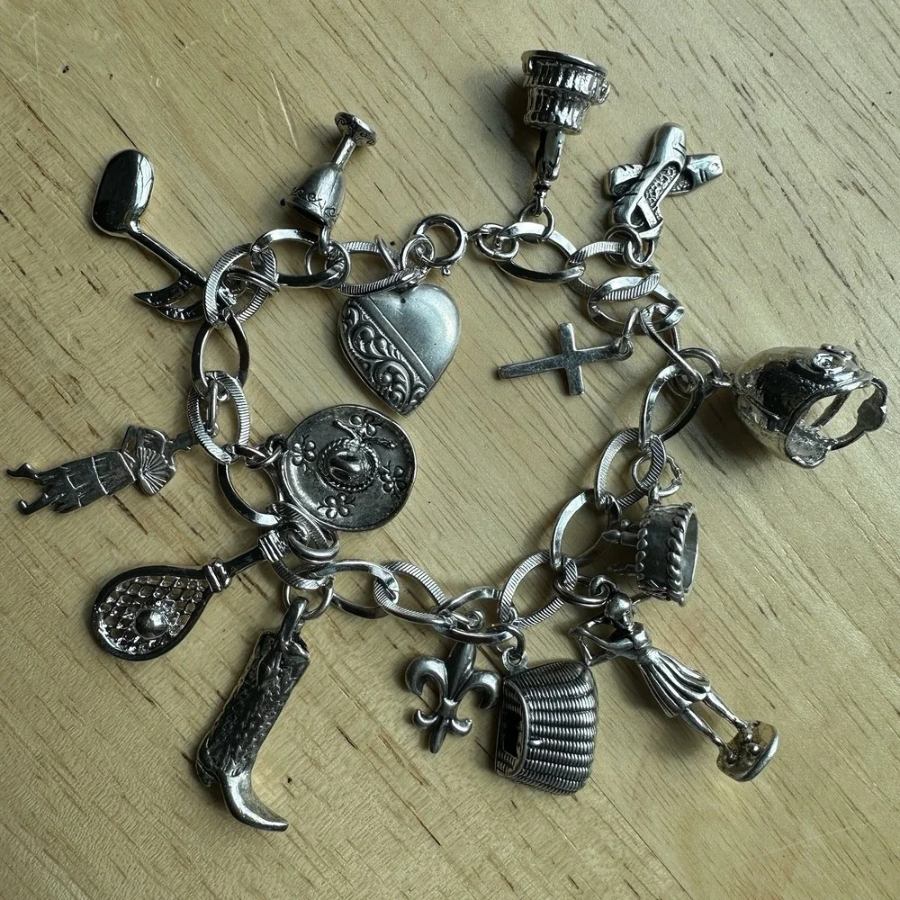 VTG Charm Bracelet 6.5 Inch Sport Western Cross Heart Travel 925 Sterling 37.6g